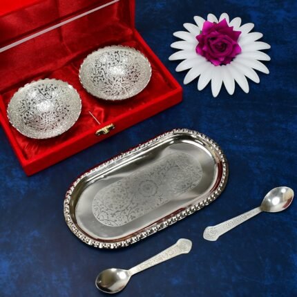 Silver-Plated Brass Bowl Spoon Set with Velvet Gift Box