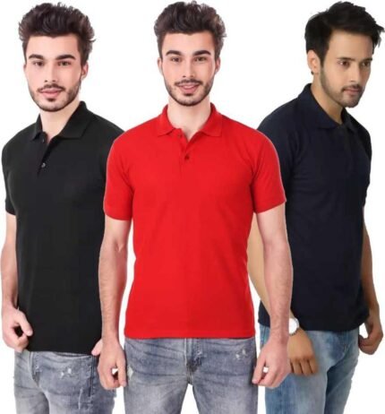 Men's Polo Neck Short Sleeve Casual Tshirt Combo of Dark Blue, Red, Black colors (Pack of 3)