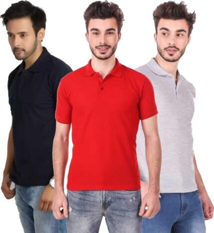 Men's Polo Neck Short Sleeve Casual Tshirt Combo of Dark Blue, Red, Grey colors (Pack of 3)
