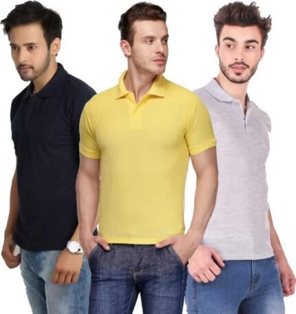 Men's Polo Neck Short Sleeve Casual Tshirt Combo of Dark Blue, Grey, Yellow colors (Pack of 3)