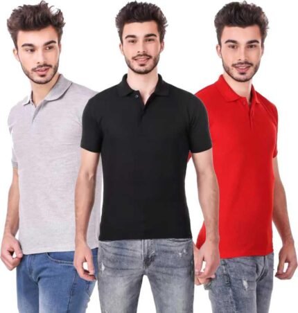 Men's Polo Neck Short Sleeve Casual Tshirt Combo of Red, Black, Grey colors (Pack of 3)